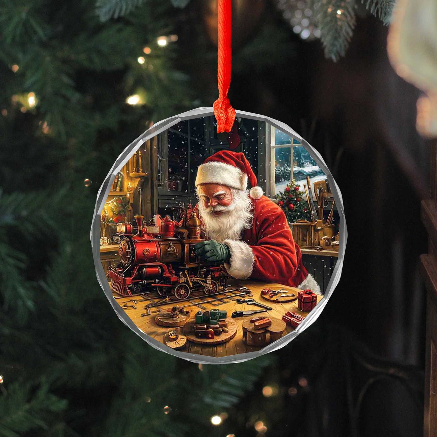 Netecom Santa Claus Building Train Glass Ornament – Holiday Tree Decoration, Perfect Christmas Keepsake