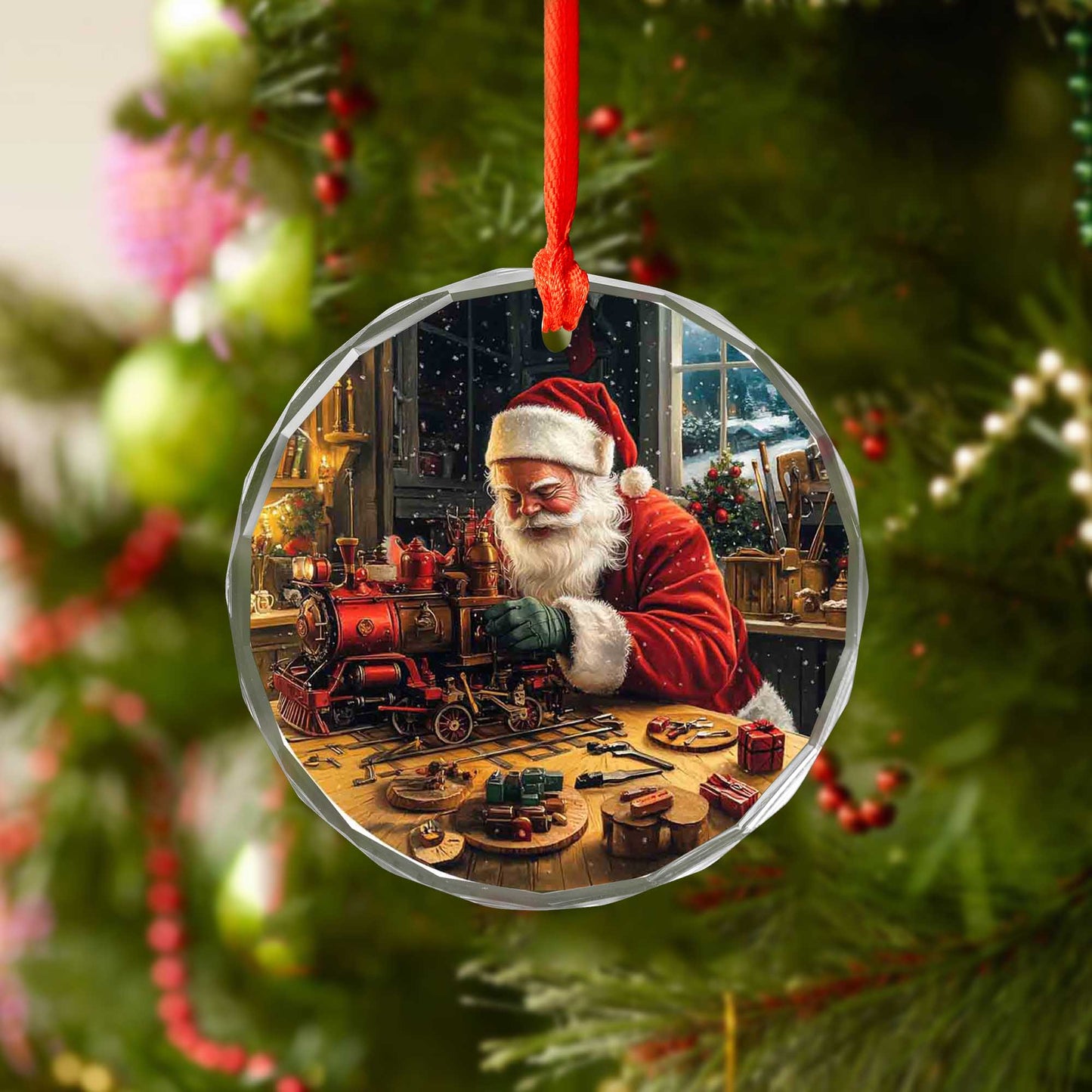 Netecom Santa Claus Building Train Glass Ornament – Holiday Tree Decoration, Perfect Christmas Keepsake
