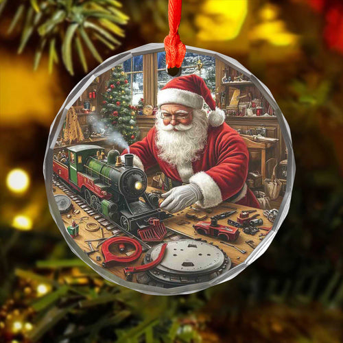 Netecom Santa Claus and Toy Train Glass Ornament – Christmas Tree Decor, Seasonal Holiday Gift