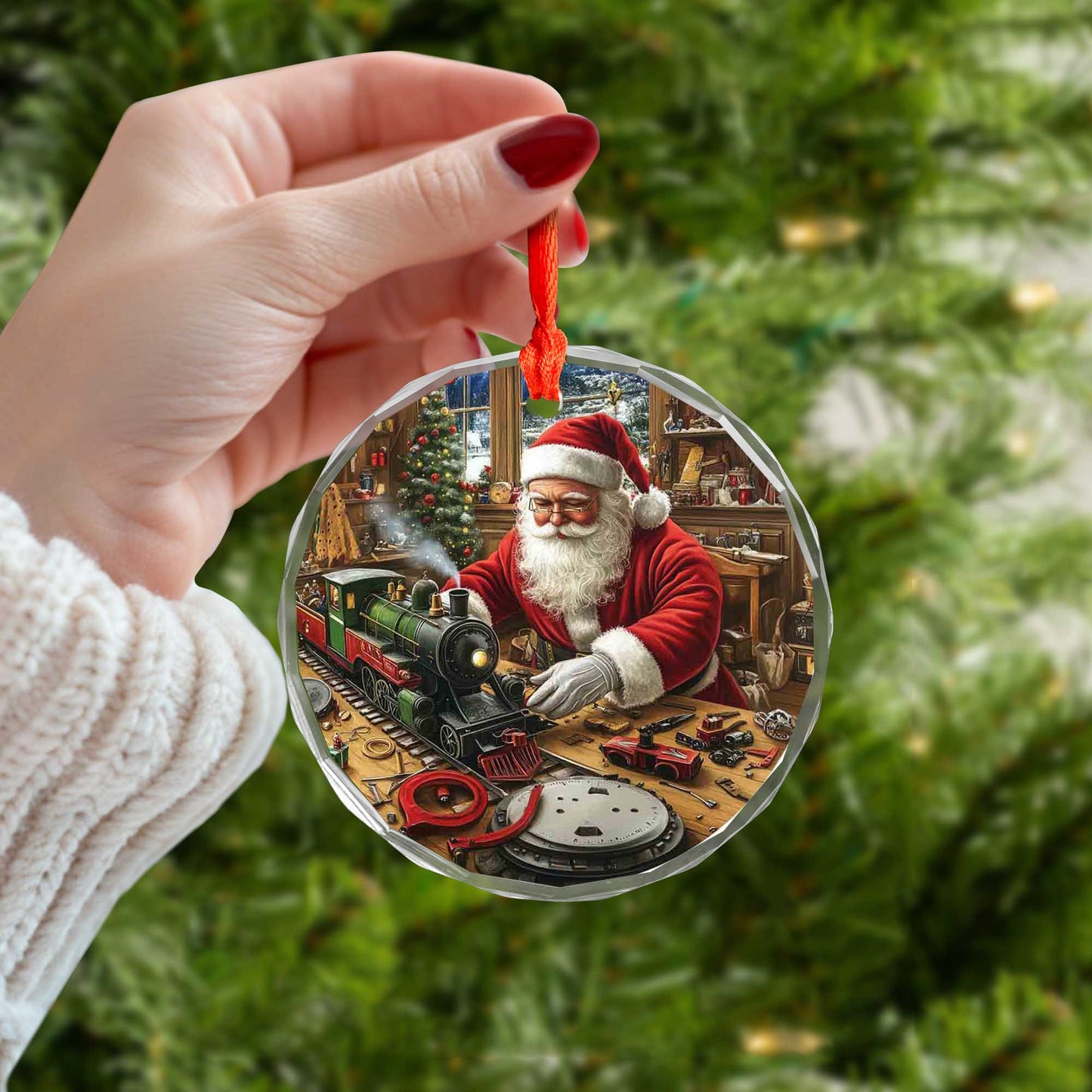 Netecom Santa Claus and Toy Train Glass Ornament – Christmas Tree Decor, Seasonal Holiday Gift
