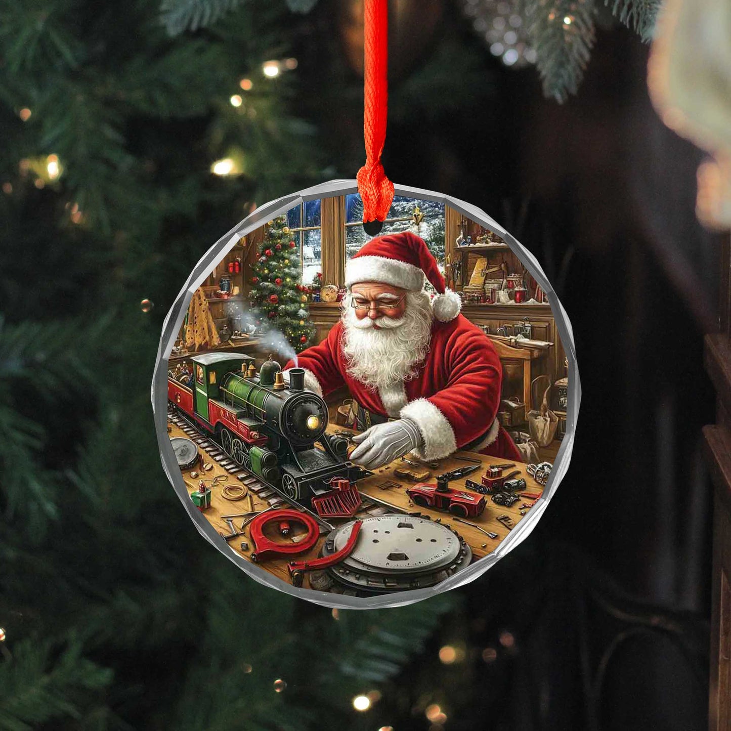 Netecom Santa Claus and Toy Train Glass Ornament – Christmas Tree Decor, Seasonal Holiday Gift