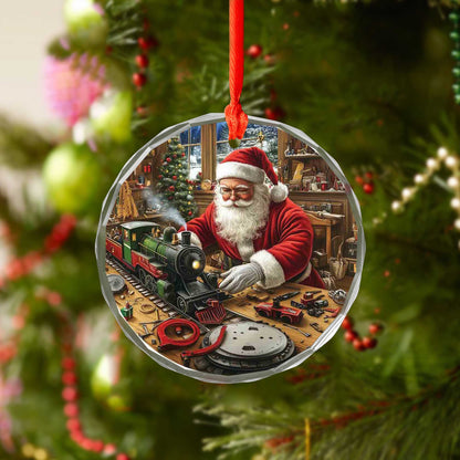 Netecom Santa Claus and Toy Train Glass Ornament – Christmas Tree Decor, Seasonal Holiday Gift