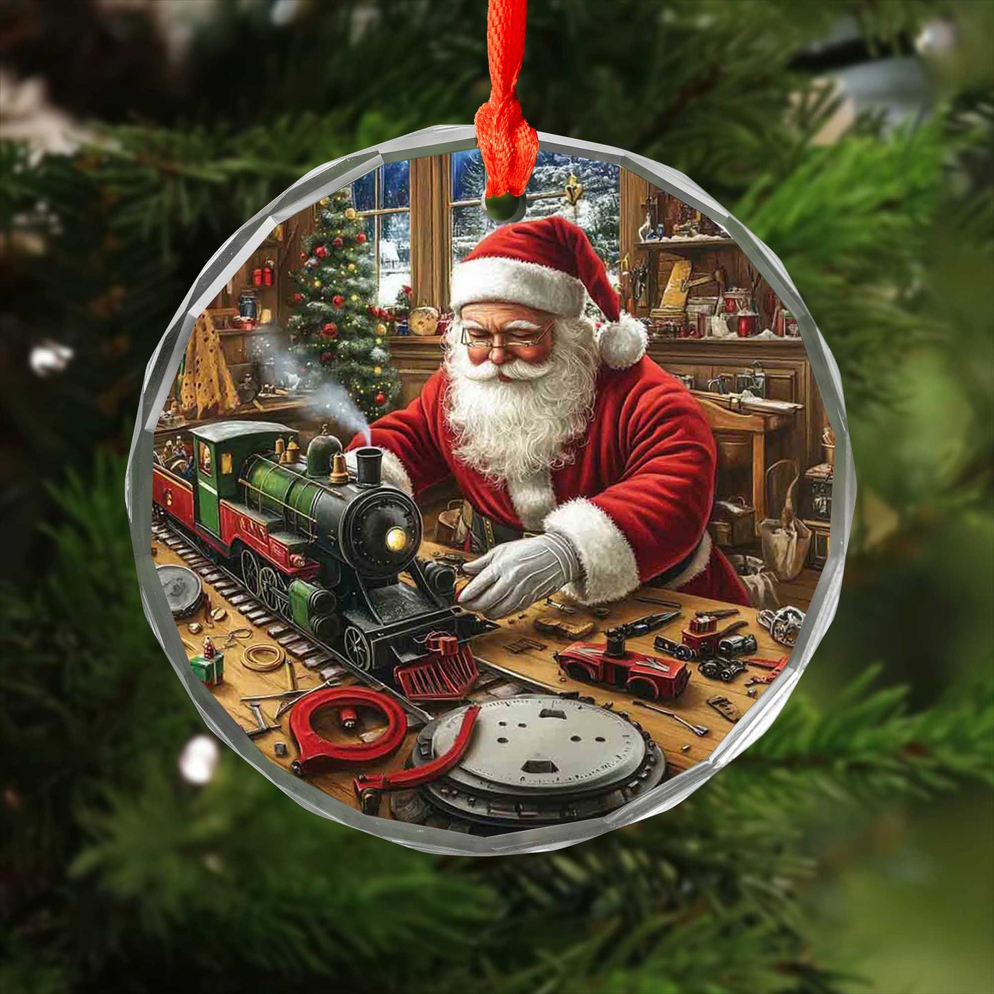 Netecom Santa Claus and Toy Train Glass Ornament – Christmas Tree Decor, Seasonal Holiday Gift