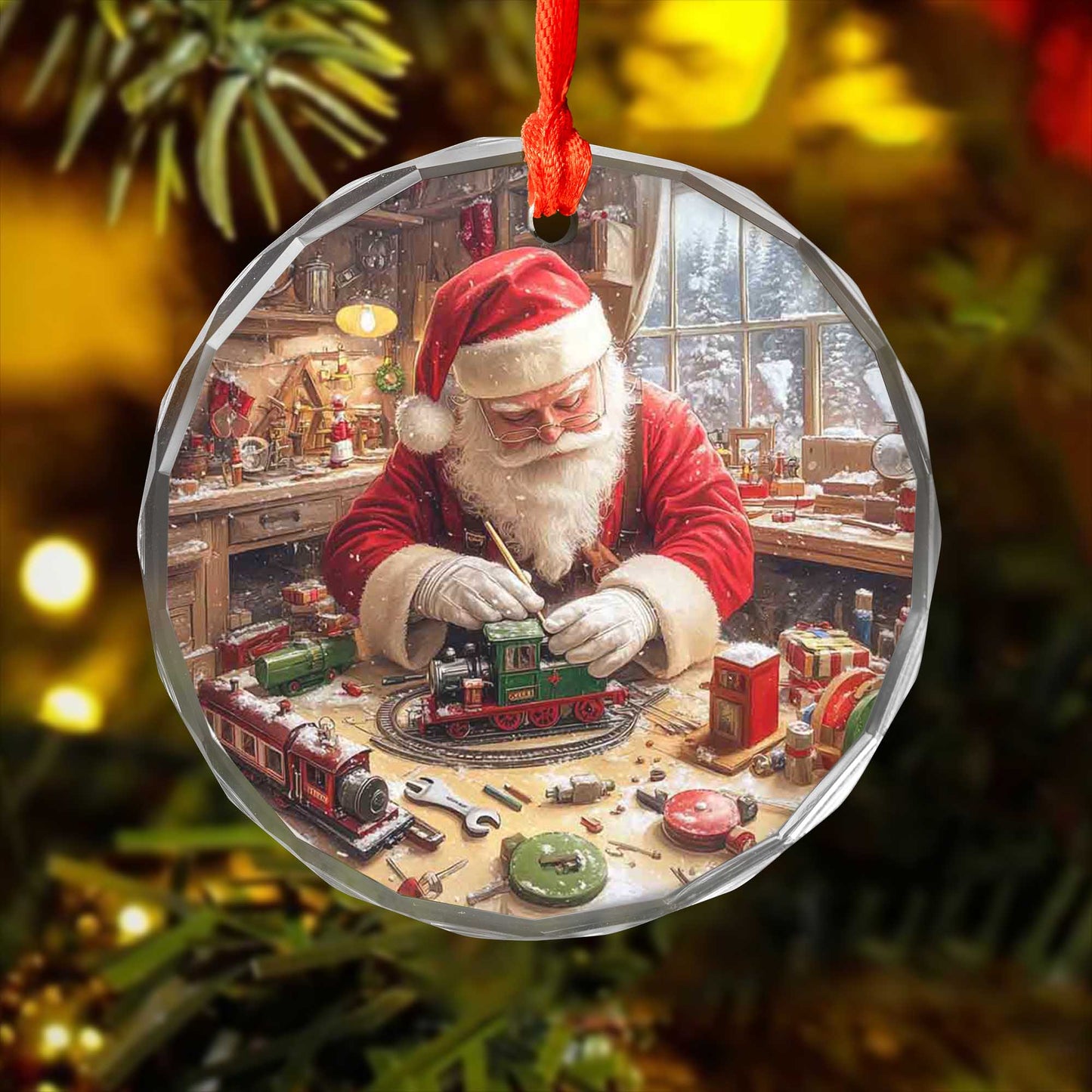Netecom Santa Claus in Workshop with Train Glass Ornament – Christmas Tree Decoration, Ideal Holiday Gift