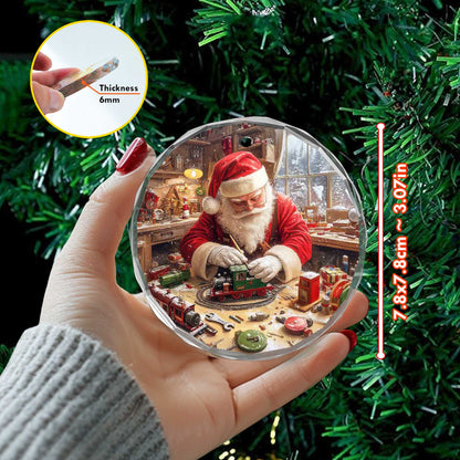 Netecom Santa Claus in Workshop with Train Glass Ornament – Christmas Tree Decoration, Ideal Holiday Gift