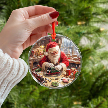 Netecom Santa Claus in Workshop with Train Glass Ornament – Christmas Tree Decoration, Ideal Holiday Gift