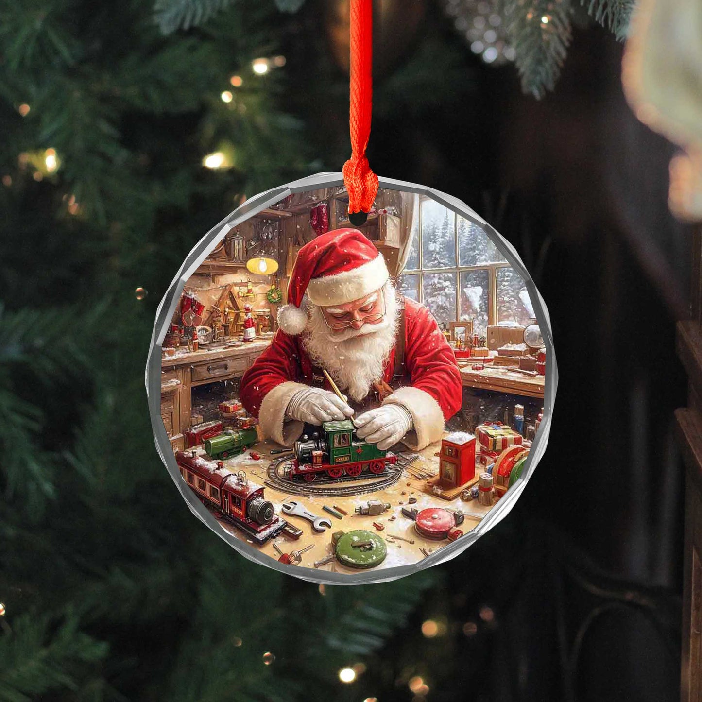 Netecom Santa Claus in Workshop with Train Glass Ornament – Christmas Tree Decoration, Ideal Holiday Gift