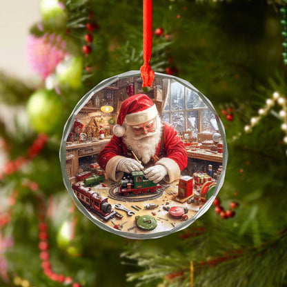 Netecom Santa Claus in Workshop with Train Glass Ornament – Christmas Tree Decoration, Ideal Holiday Gift