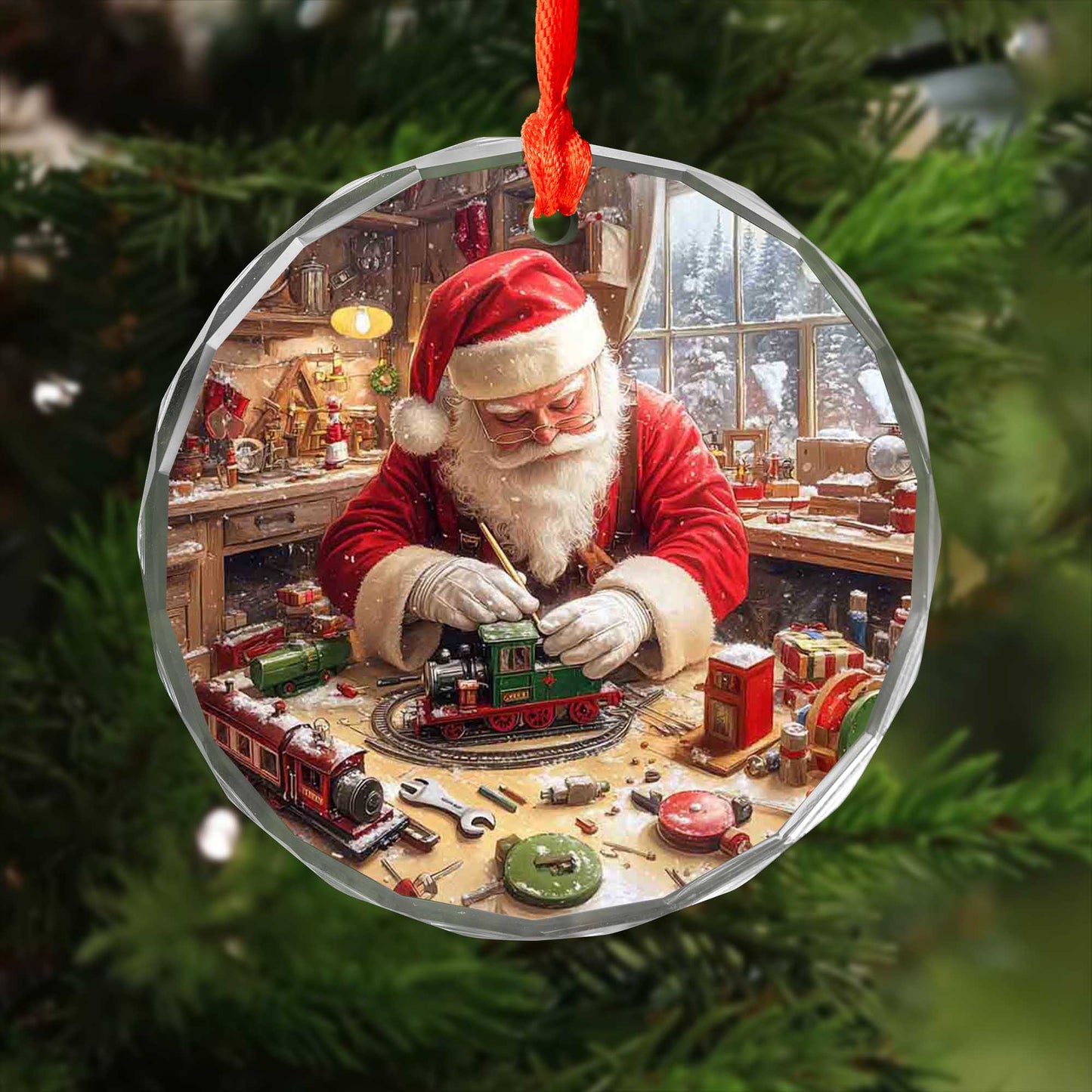 Netecom Santa Claus in Workshop with Train Glass Ornament – Christmas Tree Decoration, Ideal Holiday Gift