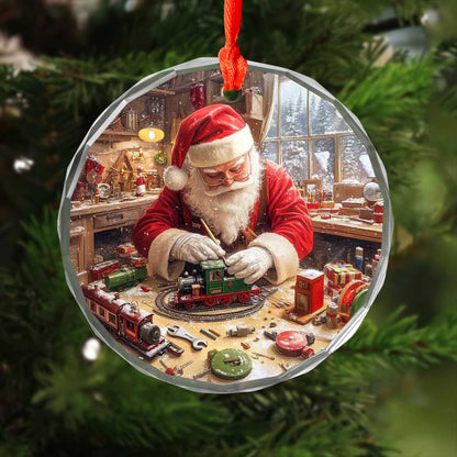 Netecom Santa Claus in Workshop with Train Glass Ornament – Christmas Tree Decoration, Ideal Holiday Gift