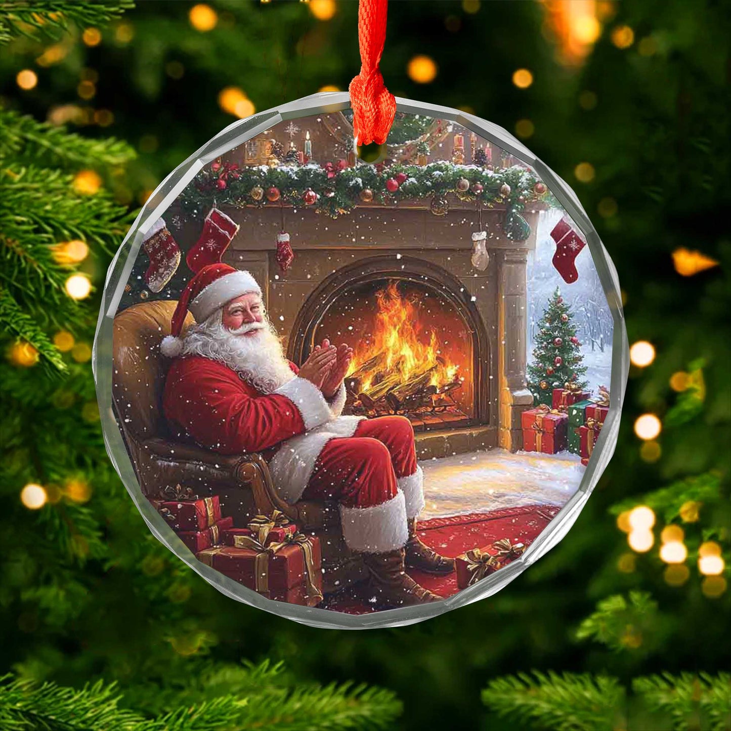 Netecom Santa Claus by the Fireplace Glass Ornament – Christmas Tree Decoration, Holiday Keepsake Gift