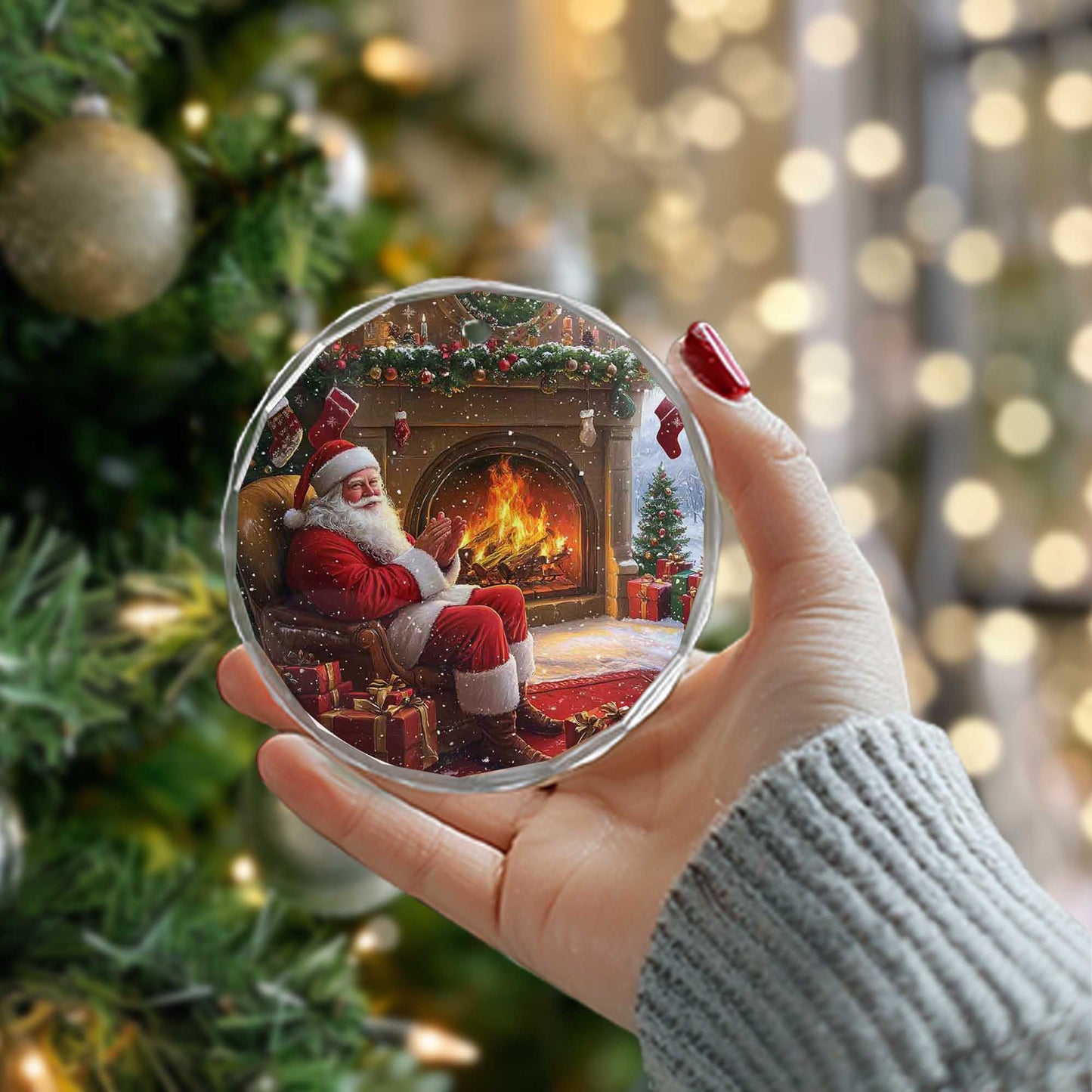Netecom Santa Claus by the Fireplace Glass Ornament – Christmas Tree Decoration, Holiday Keepsake Gift