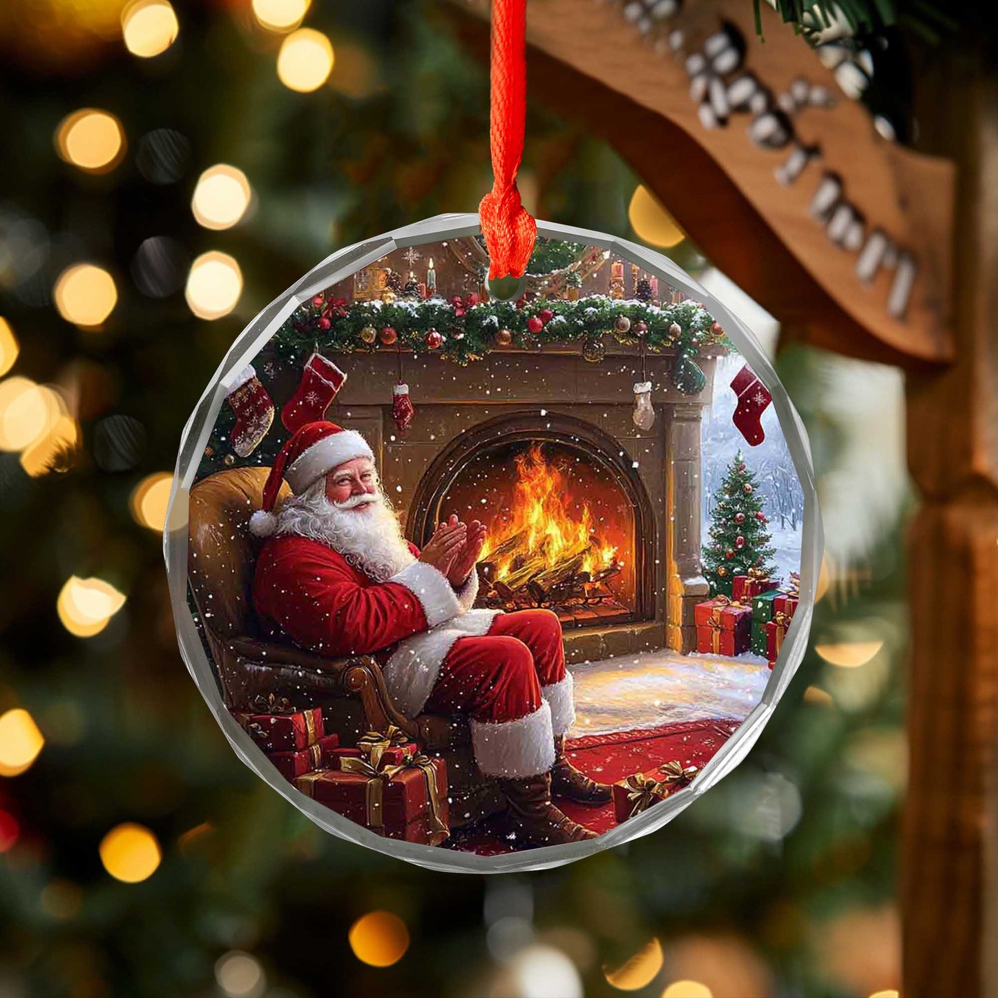 Netecom Santa Claus by the Fireplace Glass Ornament – Christmas Tree Decoration, Holiday Keepsake Gift