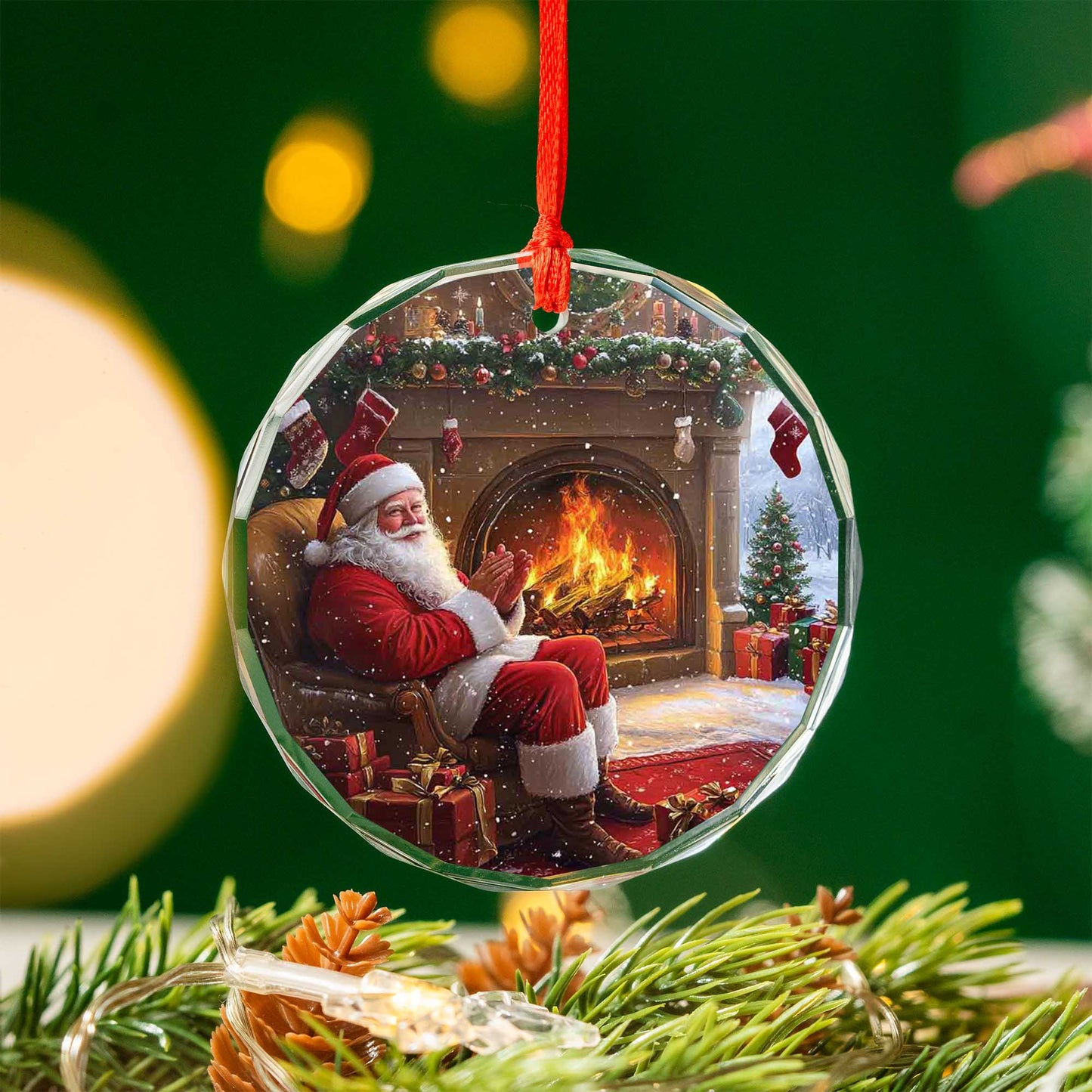 Netecom Santa Claus by the Fireplace Glass Ornament – Christmas Tree Decoration, Holiday Keepsake Gift