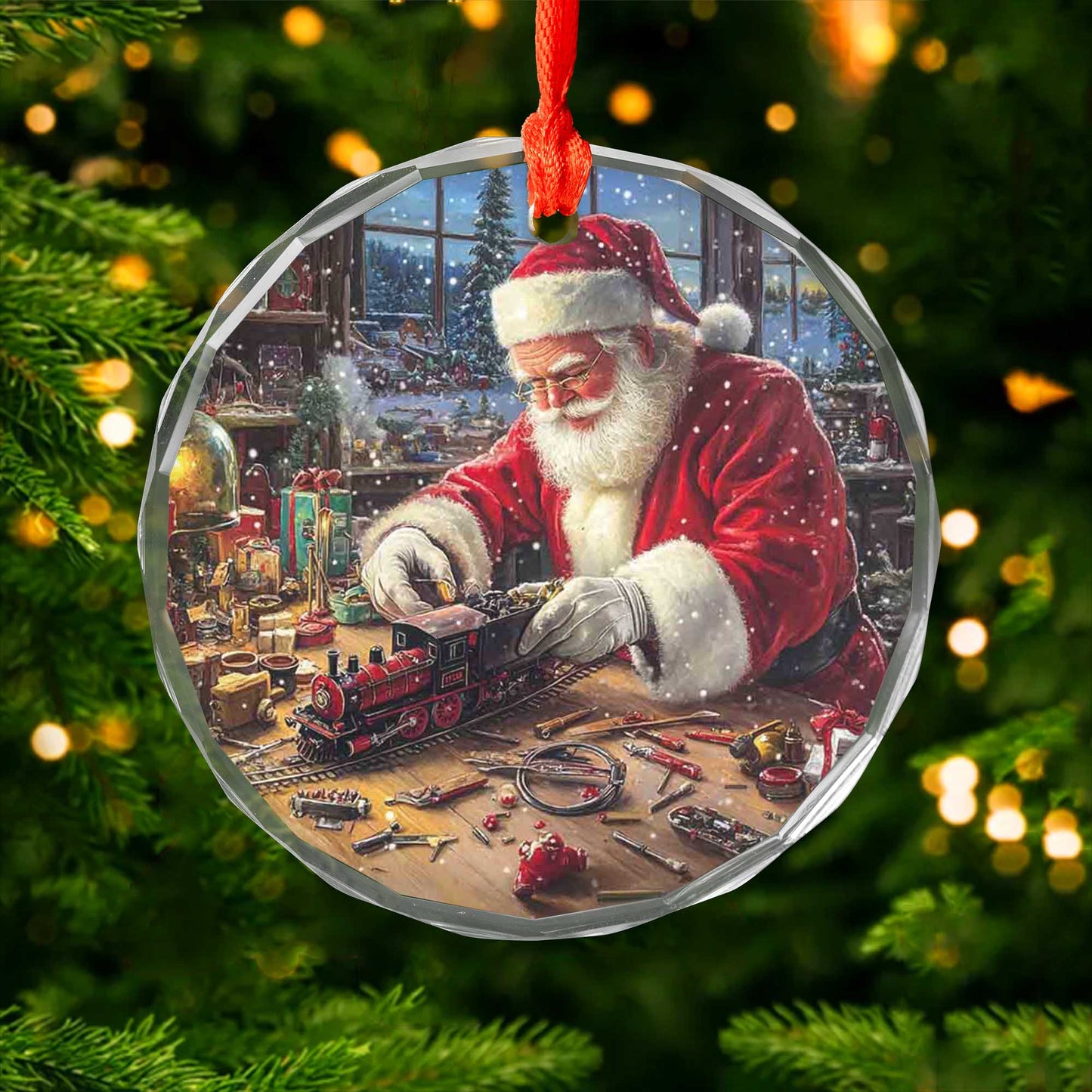 Netecom Santa Claus Making Toy Train Glass Ornament – Christmas Tree Decoration, Holiday Keepsake