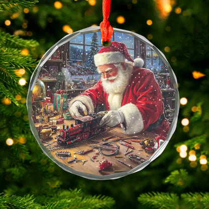 Netecom Santa Claus Making Toy Train Glass Ornament – Christmas Tree Decoration, Holiday Keepsake