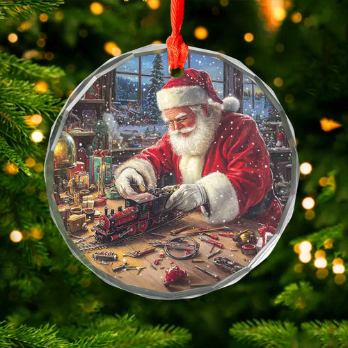 Netecom Santa Claus Making Toy Train Glass Ornament – Christmas Tree Decoration, Holiday Keepsake