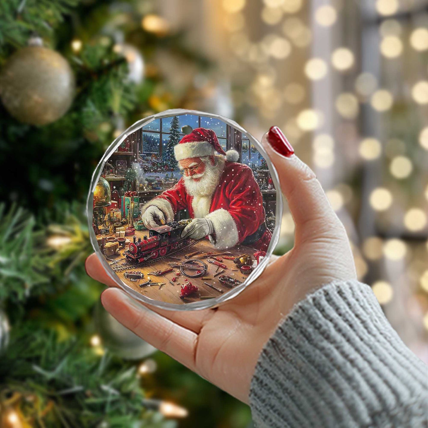 Netecom Santa Claus Making Toy Train Glass Ornament – Christmas Tree Decoration, Holiday Keepsake