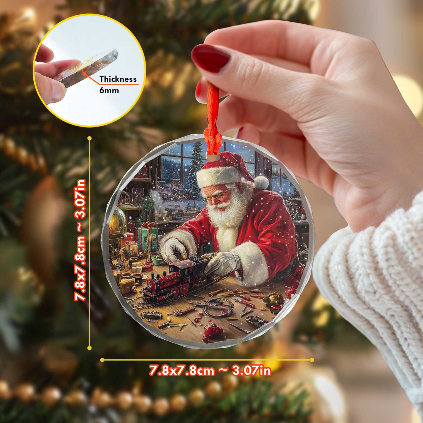 Netecom Santa Claus Making Toy Train Glass Ornament – Christmas Tree Decoration, Holiday Keepsake