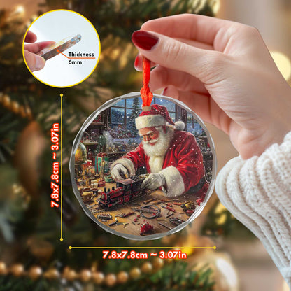 Netecom Santa Claus Making Toy Train Glass Ornament – Christmas Tree Decoration, Holiday Keepsake
