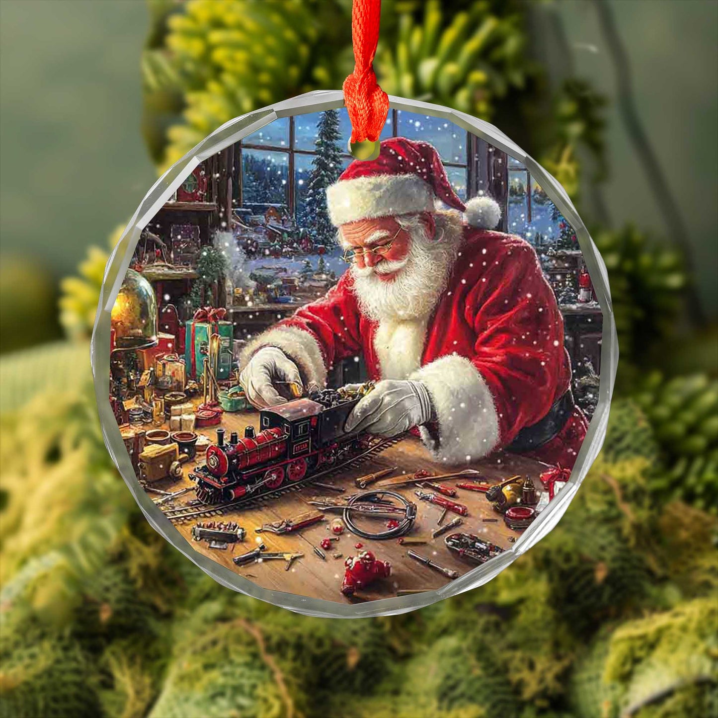Netecom Santa Claus Making Toy Train Glass Ornament – Christmas Tree Decoration, Holiday Keepsake