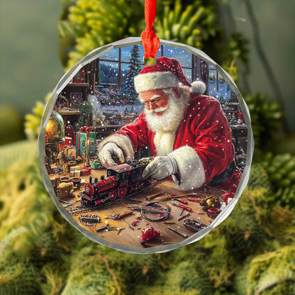 Netecom Santa Claus Making Toy Train Glass Ornament – Christmas Tree Decoration, Holiday Keepsake