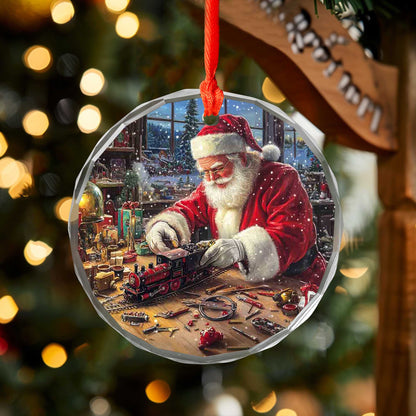 Netecom Santa Claus Making Toy Train Glass Ornament – Christmas Tree Decoration, Holiday Keepsake
