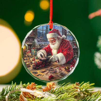 Netecom Santa Claus Making Toy Train Glass Ornament – Christmas Tree Decoration, Holiday Keepsake