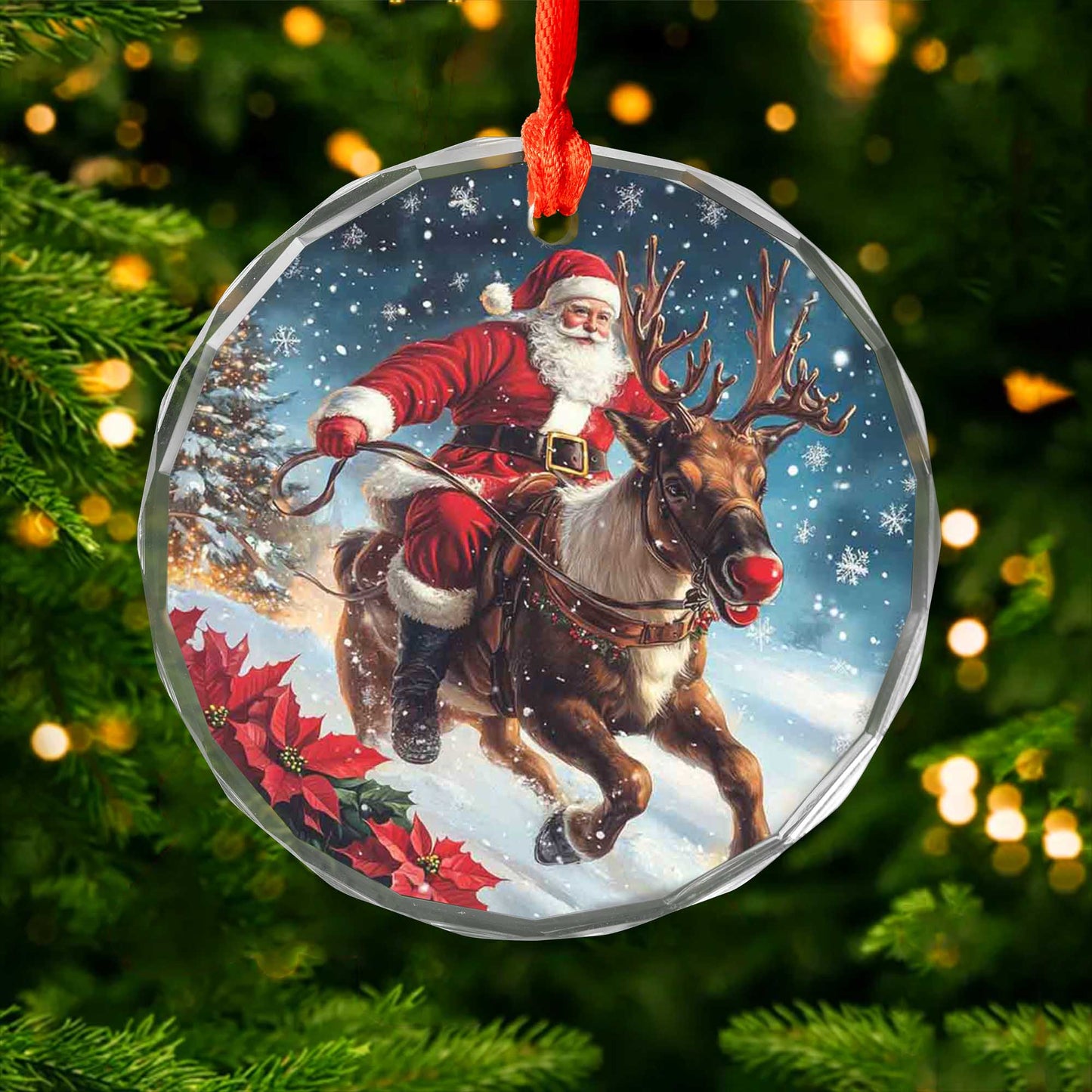 Netecom Santa Claus Riding Reindeer Glass Ornament – Festive Christmas Tree Decoration, Holiday Keepsake, 3 in