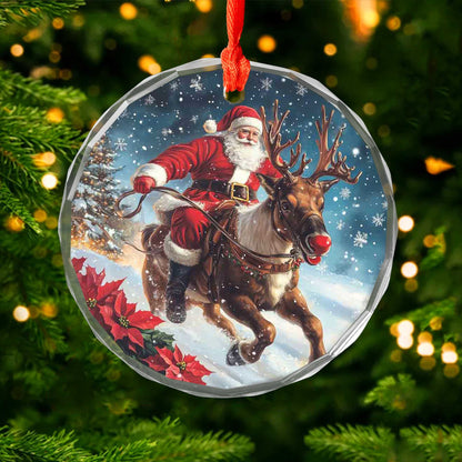 Netecom Santa Claus Riding Reindeer Glass Ornament – Festive Christmas Tree Decoration, Holiday Keepsake, 3 in