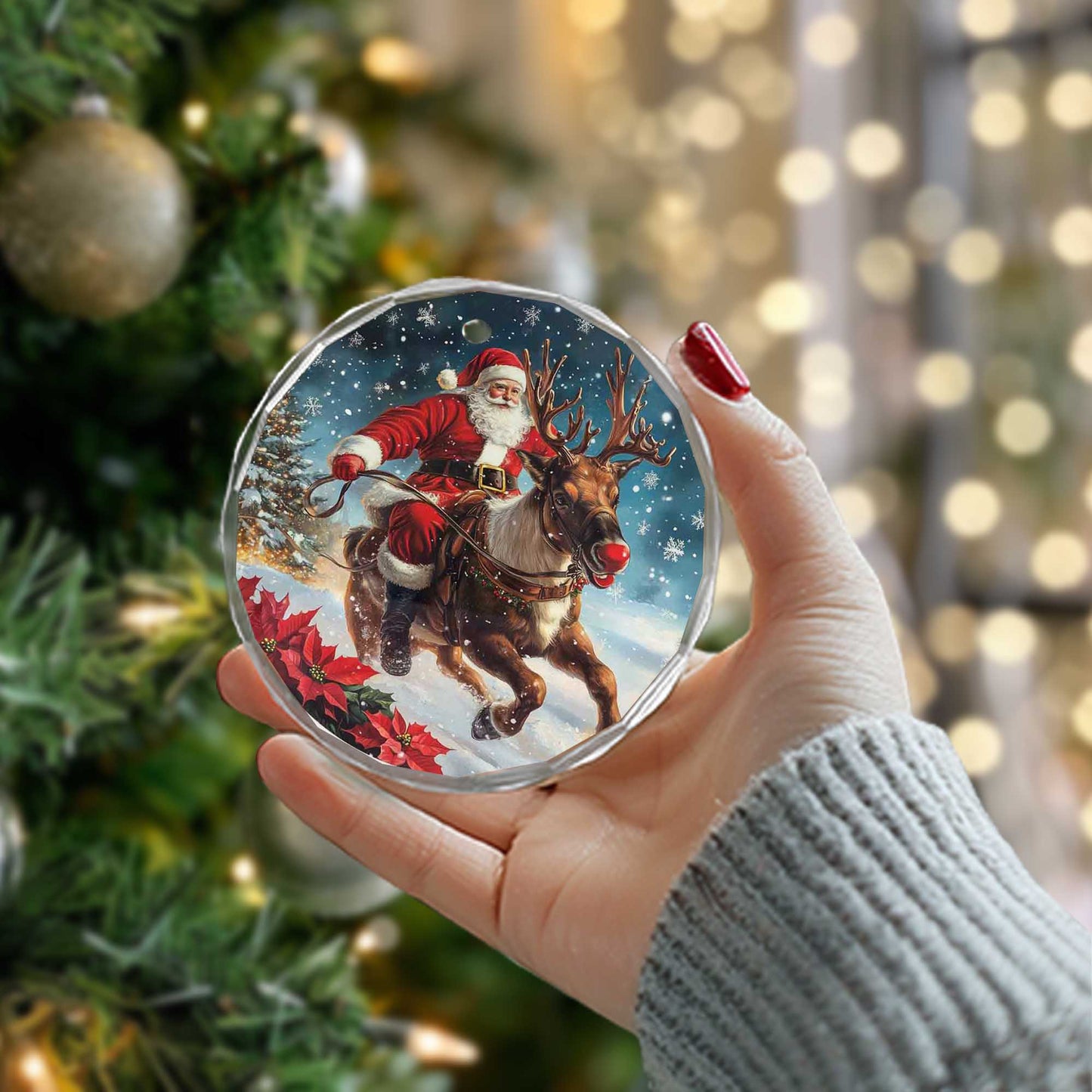 Netecom Santa Claus Riding Reindeer Glass Ornament – Festive Christmas Tree Decoration, Holiday Keepsake, 3 in