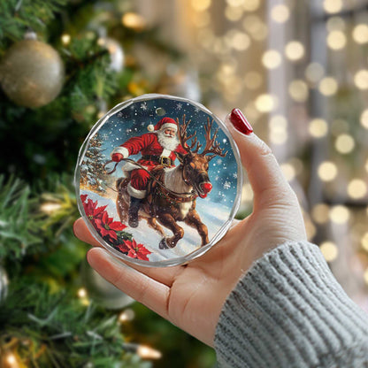 Netecom Santa Claus Riding Reindeer Glass Ornament – Festive Christmas Tree Decoration, Holiday Keepsake, 3 in