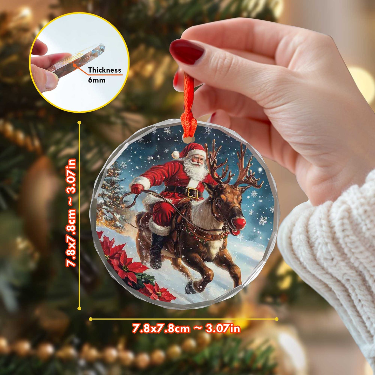 Netecom Santa Claus Riding Reindeer Glass Ornament – Festive Christmas Tree Decoration, Holiday Keepsake, 3 in