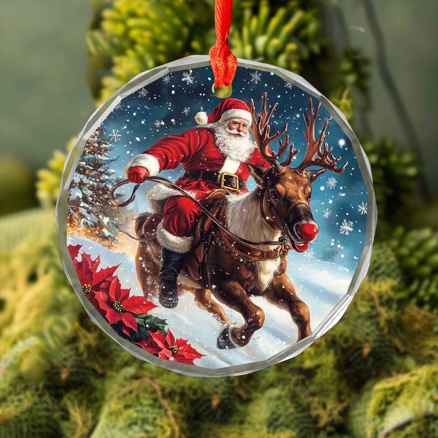 Netecom Santa Claus Riding Reindeer Glass Ornament – Festive Christmas Tree Decoration, Holiday Keepsake, 3 in
