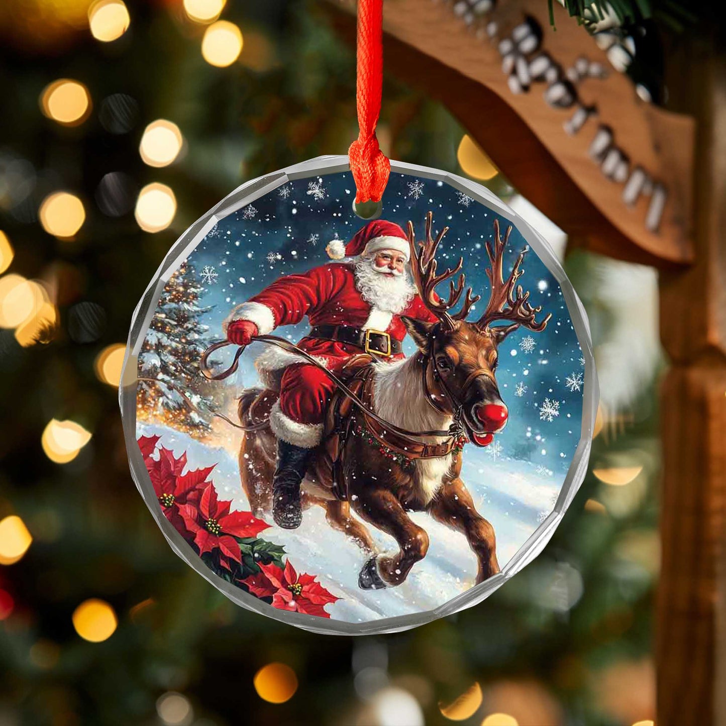 Netecom Santa Claus Riding Reindeer Glass Ornament – Festive Christmas Tree Decoration, Holiday Keepsake, 3 in