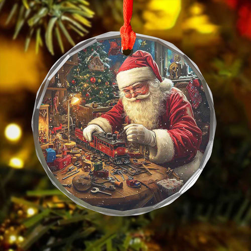 Netecom Santa Claus Building Toy Train Glass Ornament – Christmas Workshop Decoration, Perfect Holiday Gift, 3 in