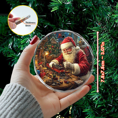 Netecom Santa Claus Building Toy Train Glass Ornament – Christmas Workshop Decoration, Perfect Holiday Gift, 3 in