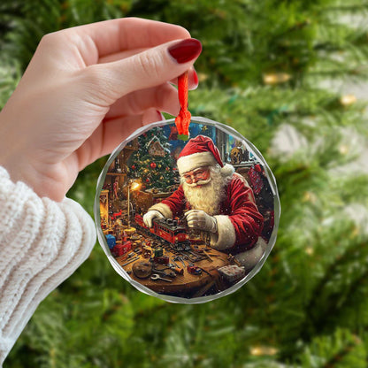Netecom Santa Claus Building Toy Train Glass Ornament – Christmas Workshop Decoration, Perfect Holiday Gift, 3 in