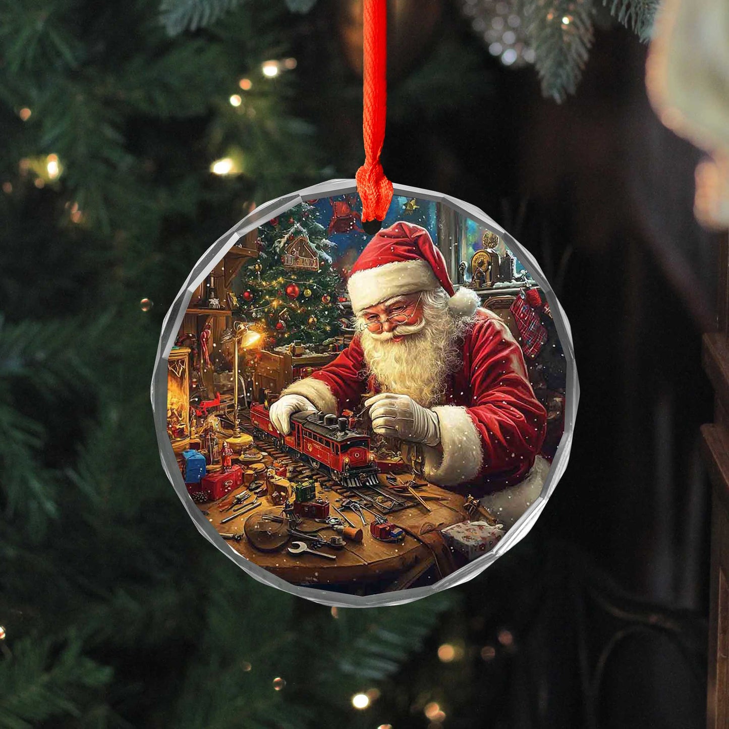 Netecom Santa Claus Building Toy Train Glass Ornament – Christmas Workshop Decoration, Perfect Holiday Gift, 3 in