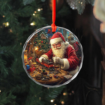 Netecom Santa Claus Building Toy Train Glass Ornament – Christmas Workshop Decoration, Perfect Holiday Gift, 3 in
