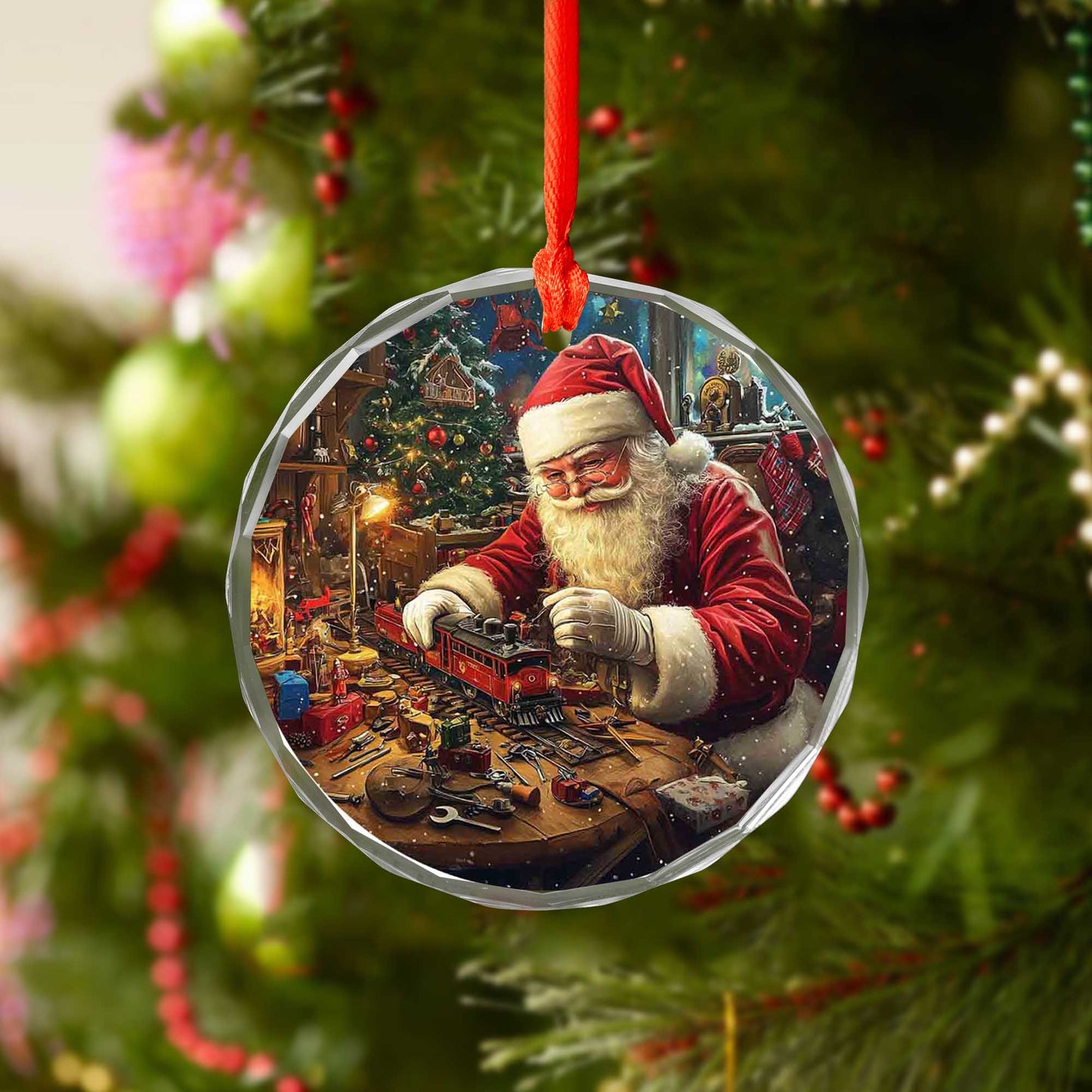 Netecom Santa Claus Building Toy Train Glass Ornament – Christmas Workshop Decoration, Perfect Holiday Gift, 3 in