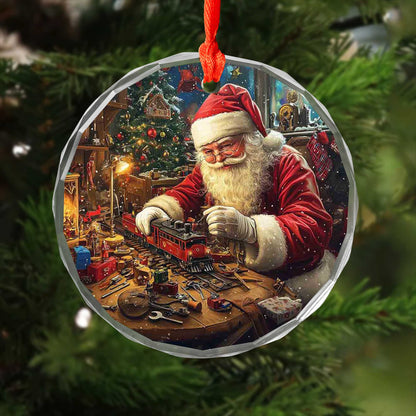 Netecom Santa Claus Building Toy Train Glass Ornament – Christmas Workshop Decoration, Perfect Holiday Gift, 3 in