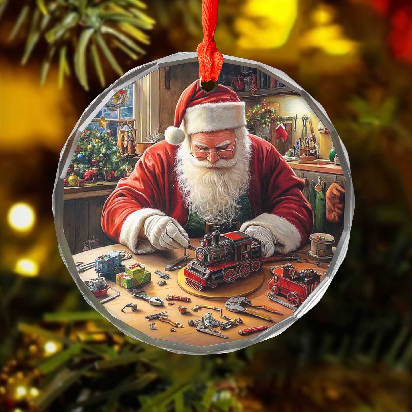 Netecom Santa Claus and Toy Train Glass Ornament – Christmas Tree Decor, Holiday Keepsake for the Season