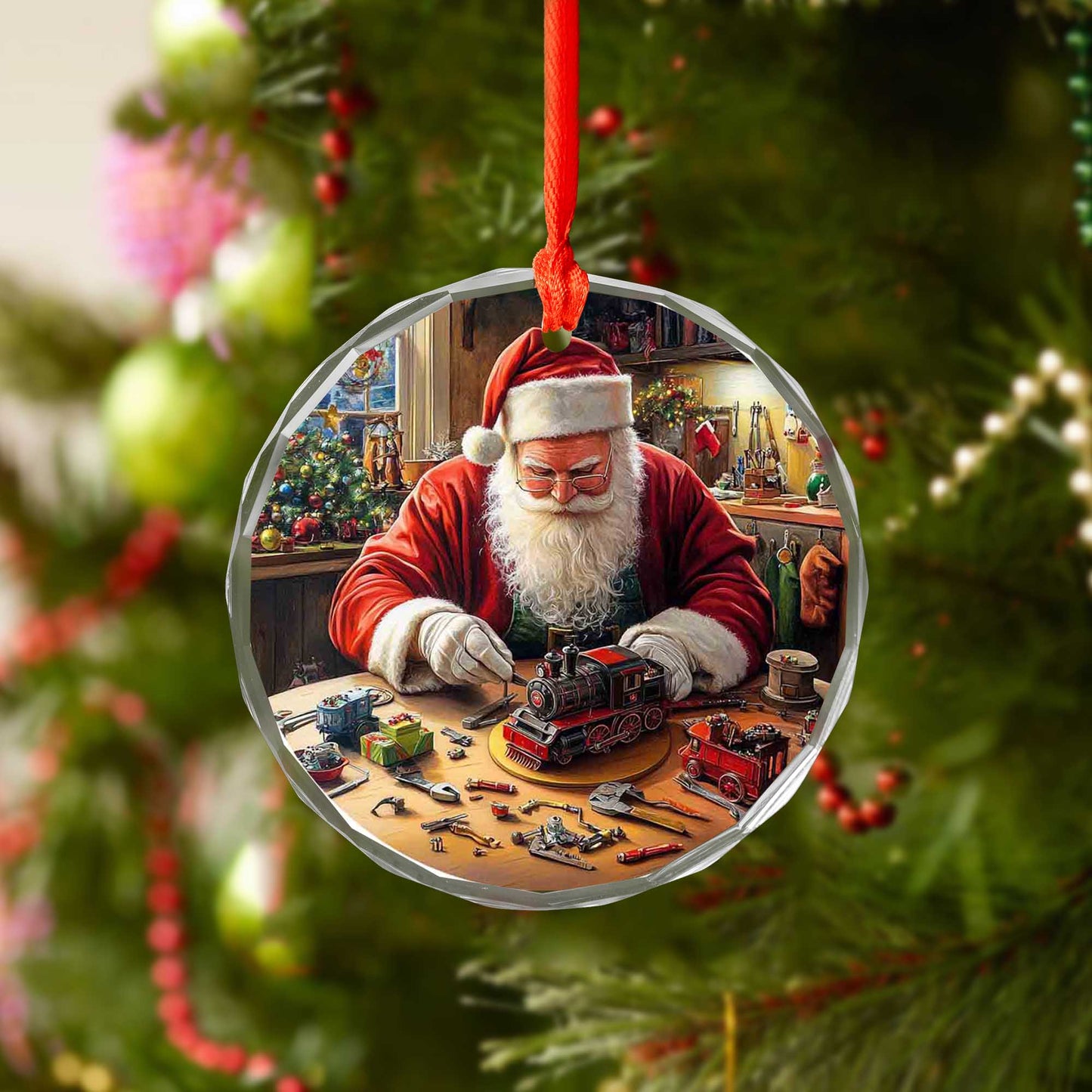 Netecom Santa Claus and Toy Train Glass Ornament – Christmas Tree Decor, Holiday Keepsake for the Season