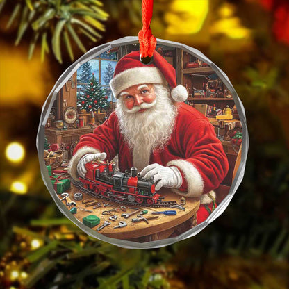 Netecom Santa Claus with Toy Train Glass Ornament – Christmas Tree Decoration, Festive Holiday Keepsake