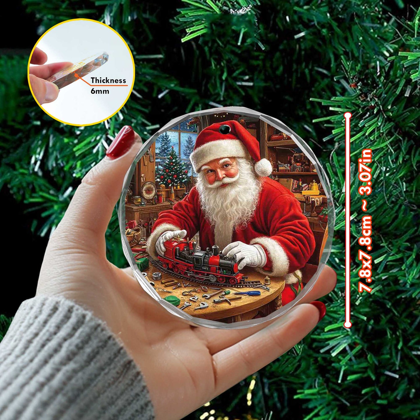 Netecom Santa Claus with Toy Train Glass Ornament – Christmas Tree Decoration, Festive Holiday Keepsake