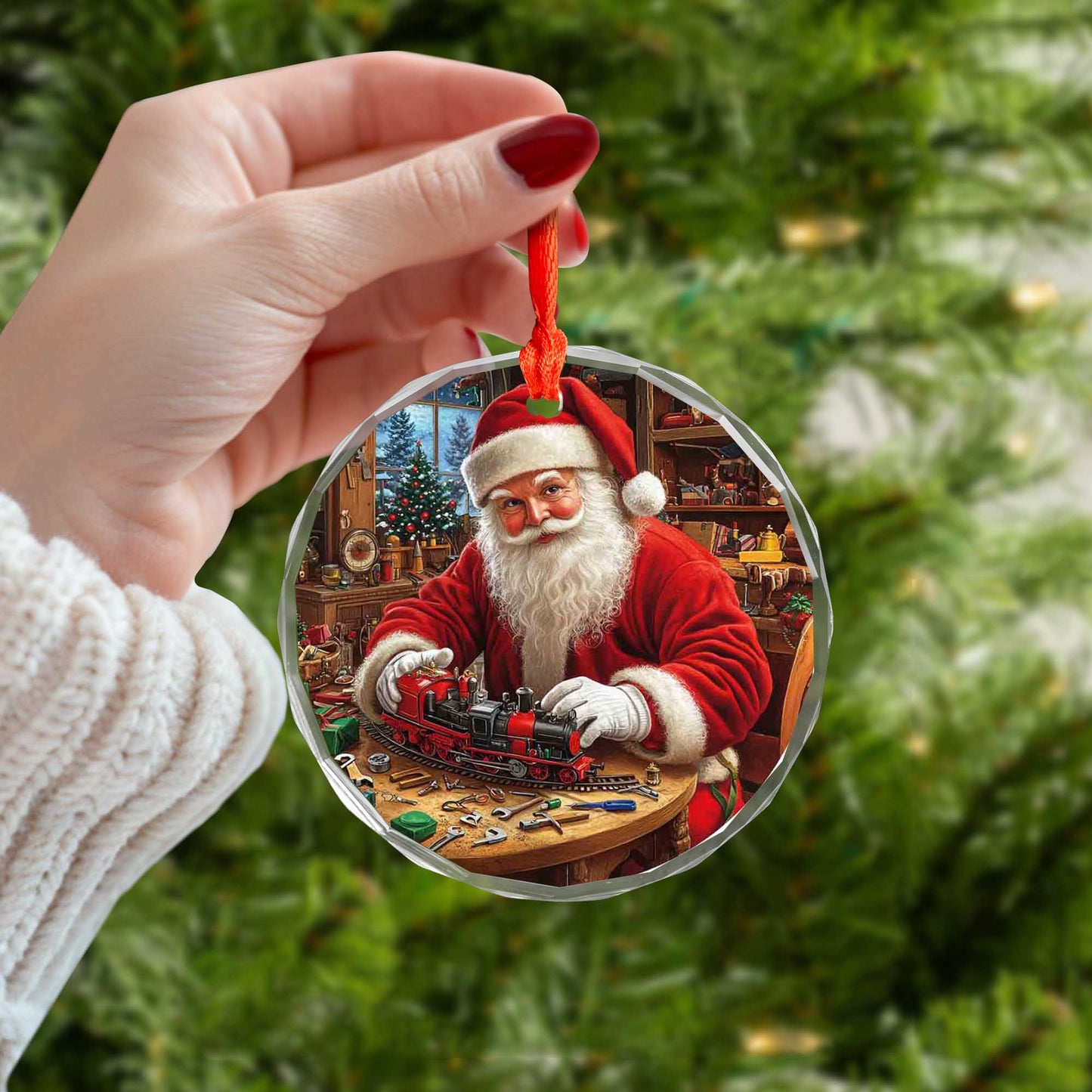 Netecom Santa Claus with Toy Train Glass Ornament – Christmas Tree Decoration, Festive Holiday Keepsake
