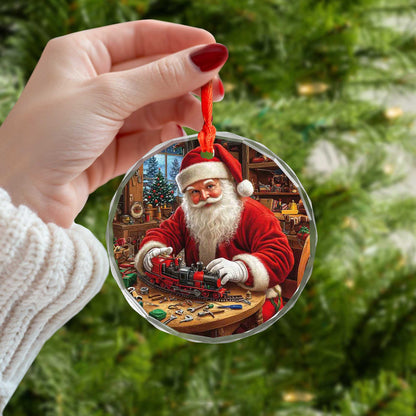 Netecom Santa Claus with Toy Train Glass Ornament – Christmas Tree Decoration, Festive Holiday Keepsake