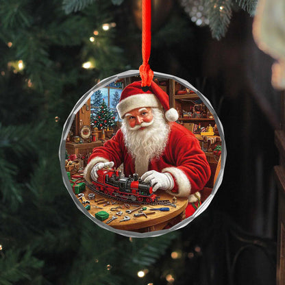 Netecom Santa Claus with Toy Train Glass Ornament – Christmas Tree Decoration, Festive Holiday Keepsake