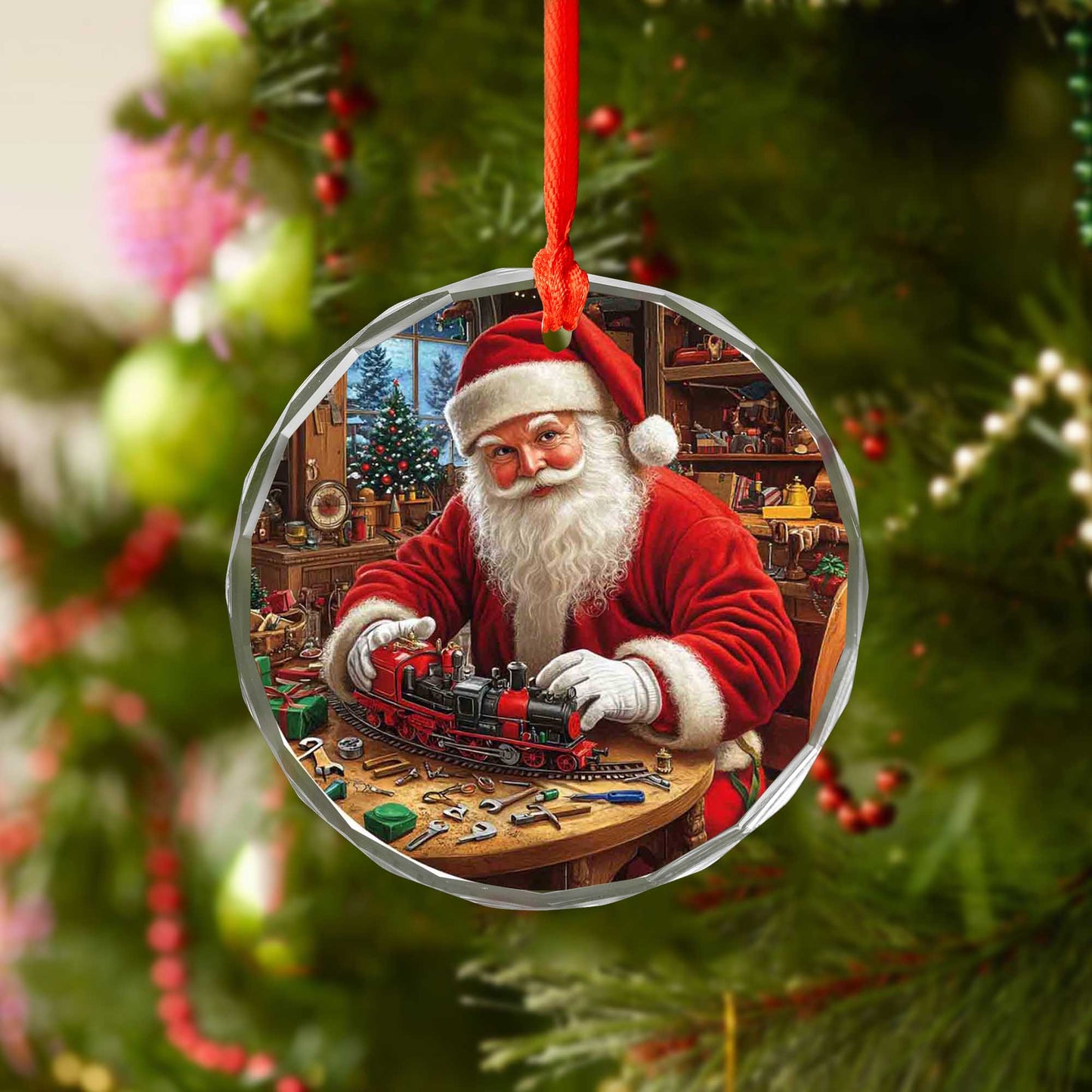 Netecom Santa Claus with Toy Train Glass Ornament – Christmas Tree Decoration, Festive Holiday Keepsake
